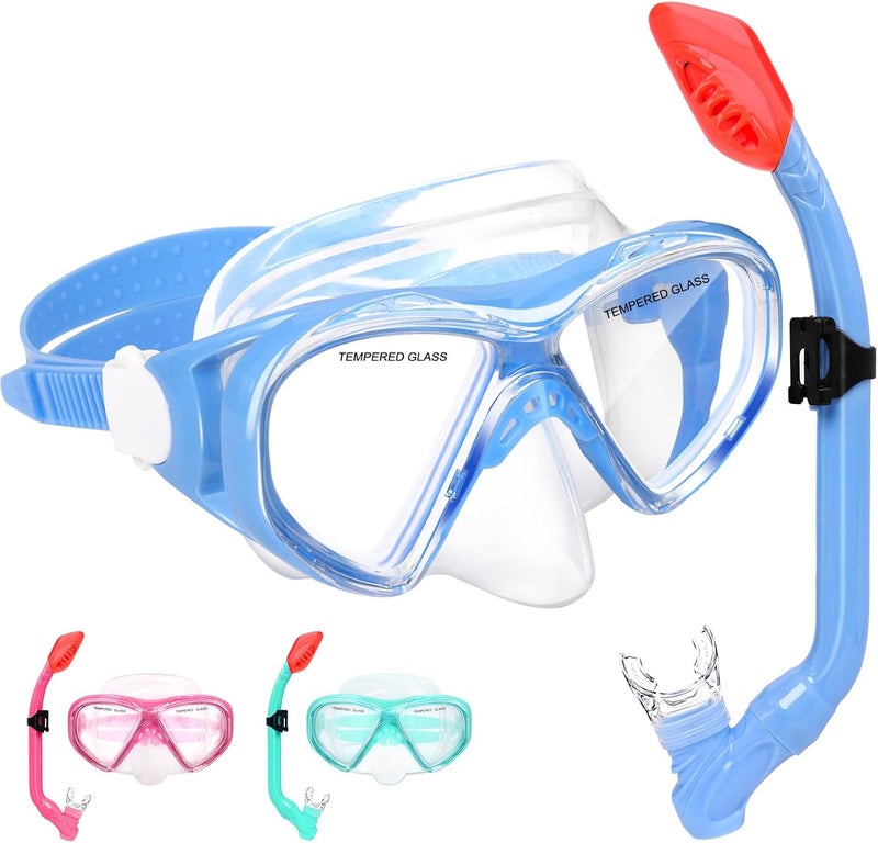ACQCES Kids Snorkel Set Dry Top Snorkeling Gear for Kids Youth Boys Girls Junior Age 5-15,Tempered Glass Swimming Diving Mask and Snorkel Set 180 Degree Panoramic View - Image 1